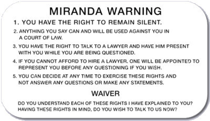 card with Miranda Warnings